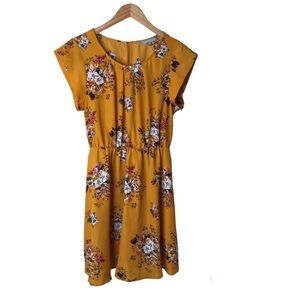Sweet Rain Mustard‎ Gold Floral Knee Length A Line Dress Sz M Cap Sleeve Keyhole